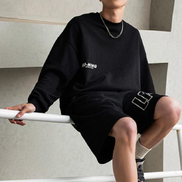 Li-Ning Свитшот с круглым вырезом и принтом буквенного логотипа, мужские топы, черный AWDT683-2