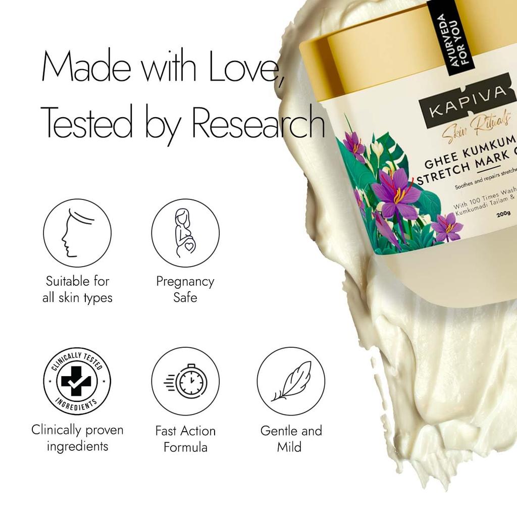 Stretch Mark Cream with Kumkumadi and Ghee (200 G), Ghee Kumkumadi Stretch Mark Cream, Kapiva