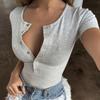 Y2K Summer Short Sleeved Deep V-neck Sexy Solid Button Versatile Inner Lining Women's Jumpsuit