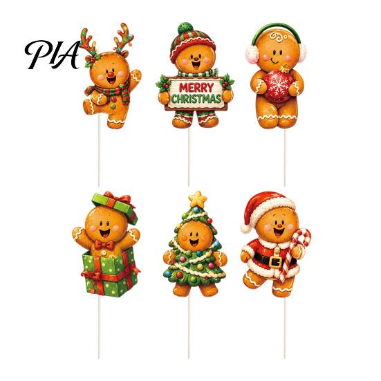 Gingerbread Man Party Supplies 6 Pcs Large Christmas Tree Picks, Wooden Santa Snowman Ornaments, Xmas Quick Installation Decor Topper Decoration