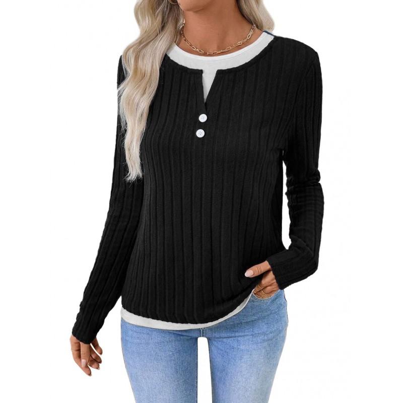 Dames Fake Tweedelig Ronde Hals Knopen Pullover Lange Mouwen T-shirt Herfst 2025