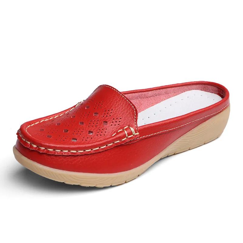 Summer New Women Wedge Slippers Leather Hollow Slip-On Loafers Vintage Casual Anti-slip Premium Slippers Moccasins Half Slippers