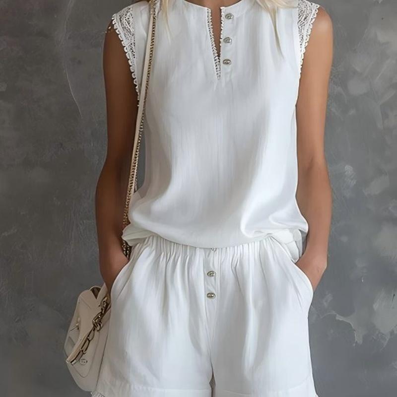 Women's Cotton Linen 2 Piece Shorts Set V Neck Sleeveless Top Loose Casual Summer Vacation Lounge Outfit