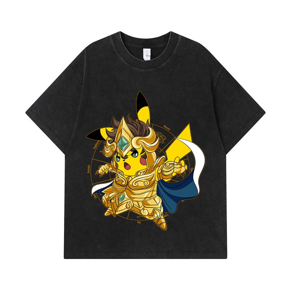 275 GSM Washed T-shirts 100% Cotton Pokemon V25 Pikachu Leo Print Unisex Heavy Cotton T Shirt