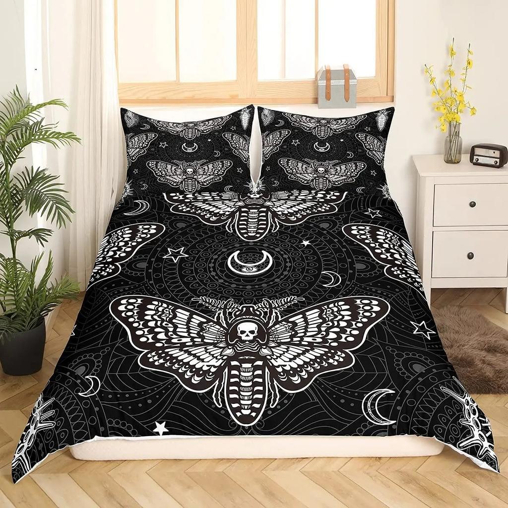 Death Moth Duvet Cover Set King Queen Full Twin Size Galaxy Sun and Moon Polyester Comforter Cover Boho Gothic Skull Bedding Set