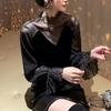 Autumn Winter New Mesh Lace Bottoming Shirt Fashion Bright Silk Splicing Velvet Tshirt M-4XL