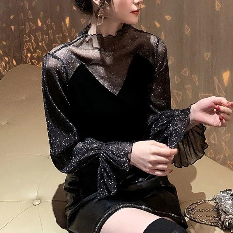 Autumn Winter New Mesh Lace Bottoming Shirt Fashion Bright Silk Splicing Velvet Tshirt M-4XL