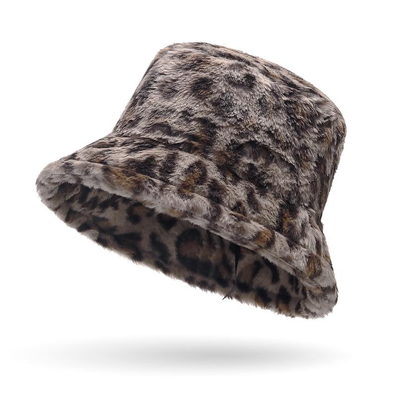 Плюшевая шляпа рыбака женская осень-зима толстая теплая панама с леопардовым принтом шляпа-тазик