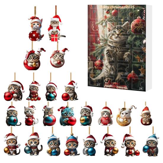 Рождественский кошачий адвент-календарь Акриловый 2D мультяшный кот Подвесные украшения 24 дня 2025 Рождественский календарь обратного отсчета Подарок для любителей кошек Праздничное украшение