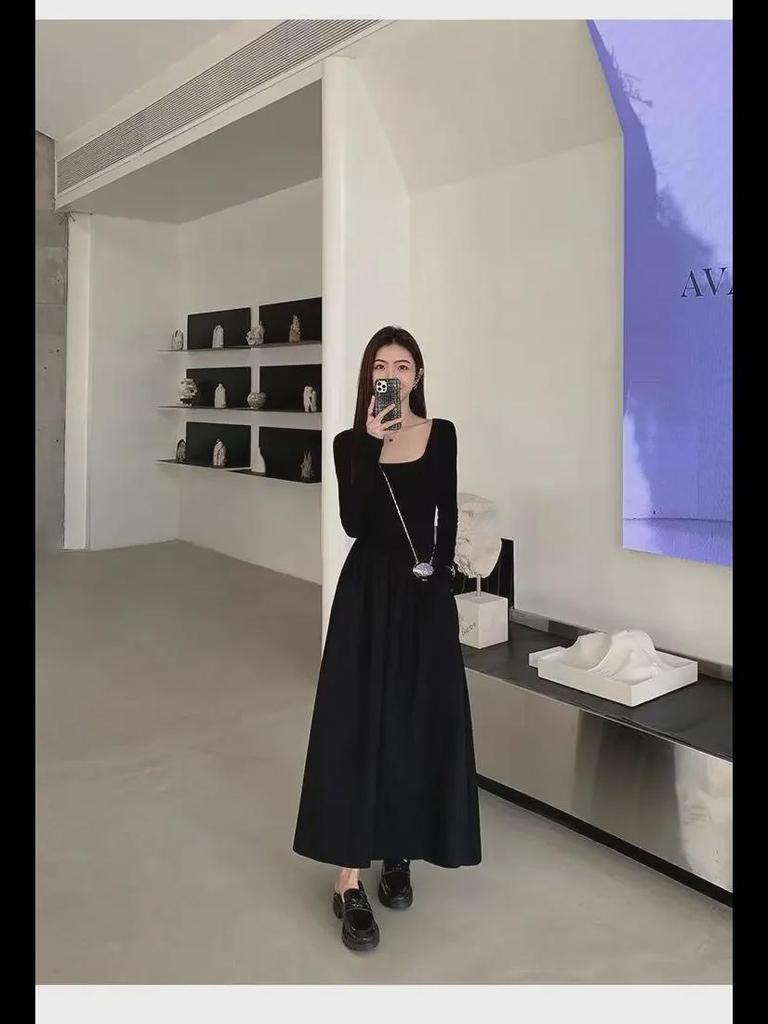 2024 Женское платье А-силуэта с французским квадратным вырезом и длинными рукавами - Весна/Осень, макси, утягивающее талию