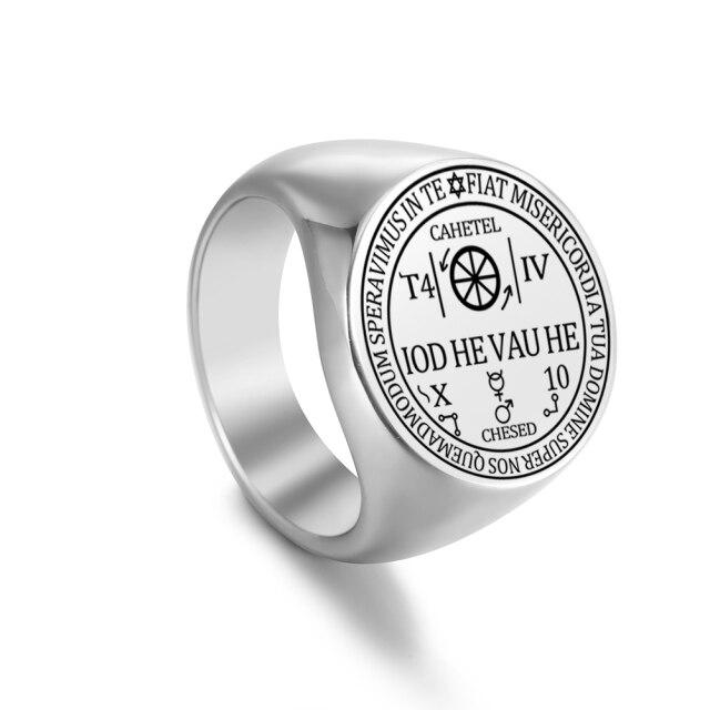 Архангел Кахетель Печать Фортуны Iod He Vau He Соломон Каббала Кольца-амулет для мужчин Викинг из нержавеющей стали Мужская перстень-печатка в стиле панк