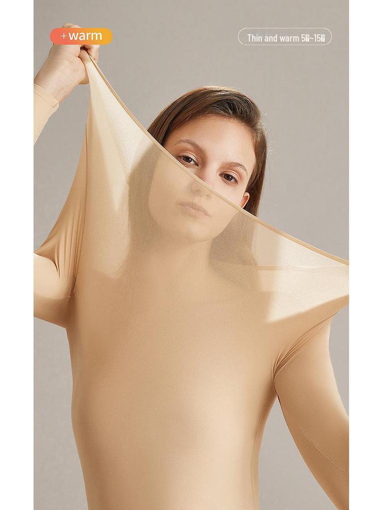 Женский ультратонкий бесшовный термобелье — телесного цвета, высокая эластичность, невидимое тепло, идеально подходит для осени и зимы.