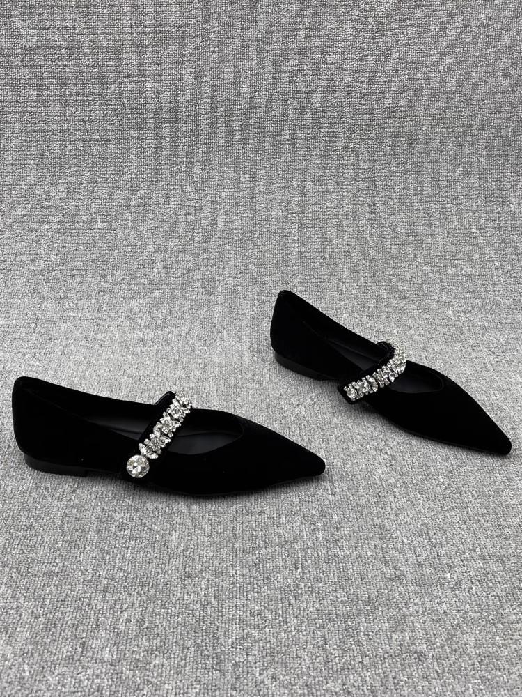 Модные туфли Мэри Джейн на плоском каблуке из бархата для женщин Весна Осень Острый носок Низкий Бриллиантовый Голубой Кожаный интерьер Резиновая подошва