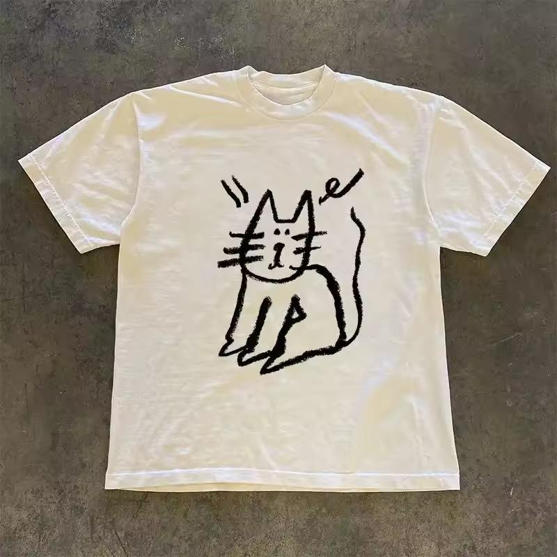 American Street Y2k Kitten Graffiti Print T shirt Female Summer Retro Hip-hop Ins Personality Short-sleeved Top Graphic T shirts