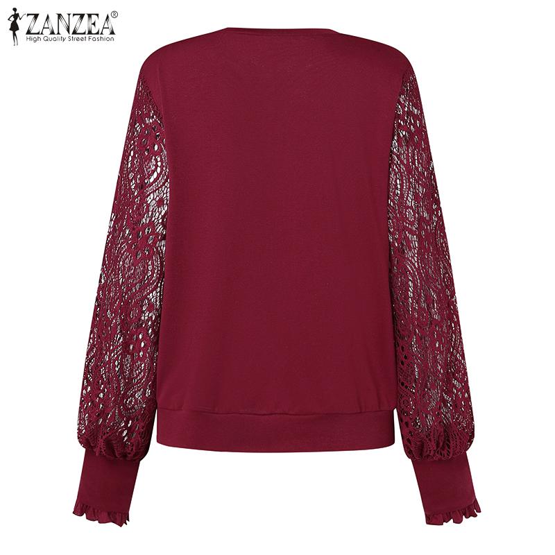 ZANZEA Женская повседневная блузка с длинным рукавом и кружевом с круглым вырезом