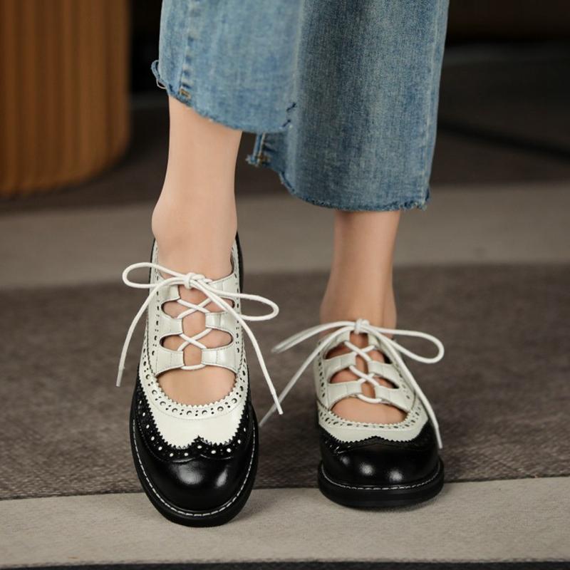 Fashion Oxford Shoes Women Split Leather Shoes for Women Spring/Autumn Women Loafers Summer Brogues Vintage Lace-up Shoes Women Pumps