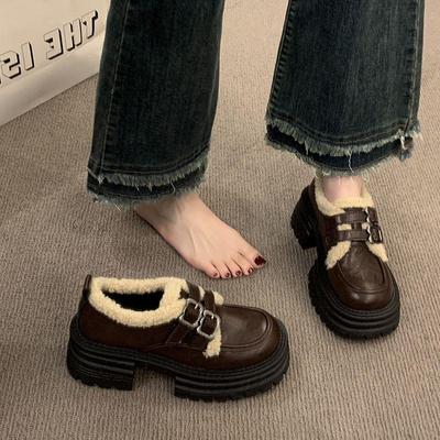 Женские лоферы в британском стиле с флисовой подкладкой и двойной пряжкой - на толстой подошве, универсальные, теплые кожаные туфли