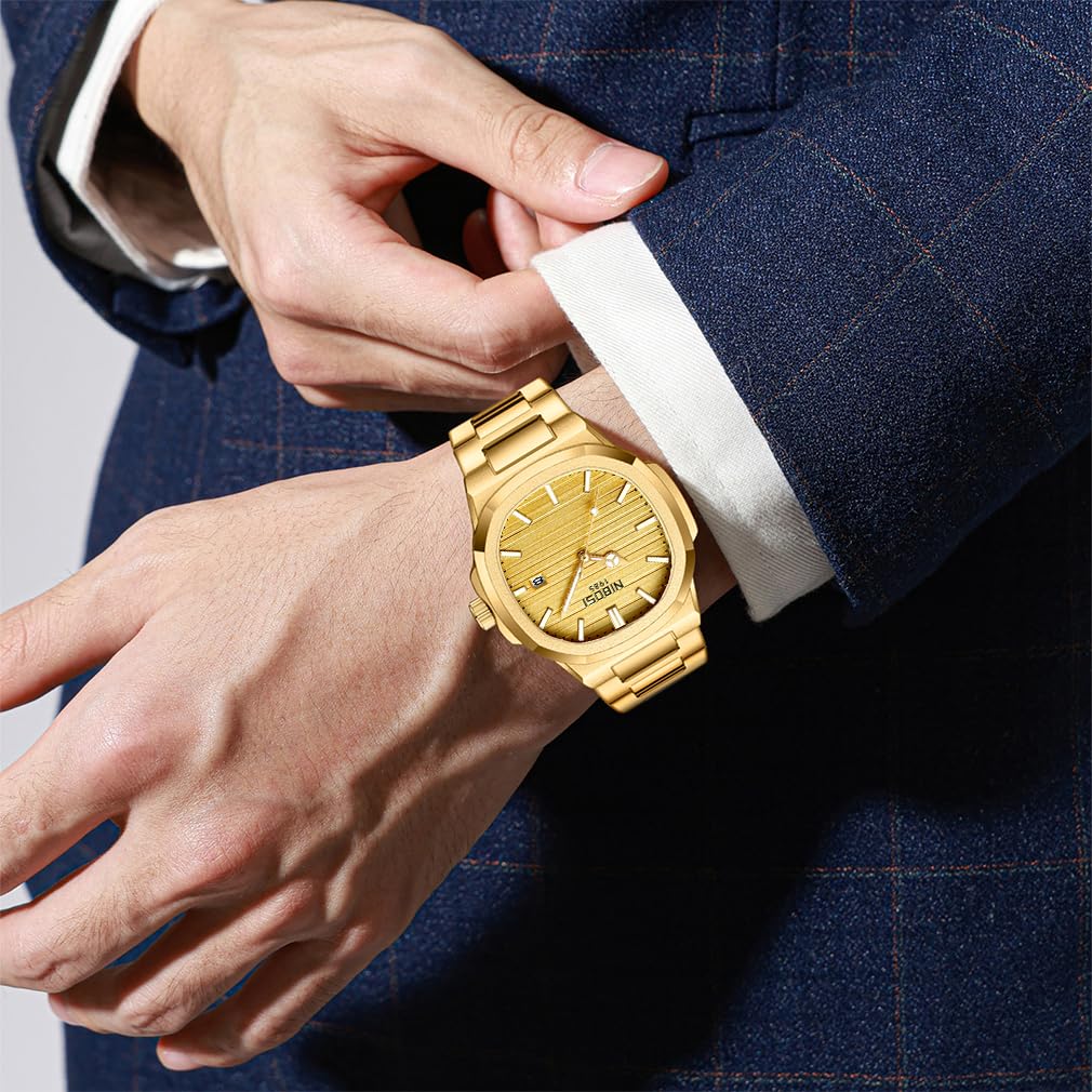 NIBOSI модные деловые наручные часы из нержавеющей стали с водонепроницаемым аналоговым металлическим ремешком, повседневные флуоресцентные часы с датой, классические роскошные подарочные золотые часы для мужчин