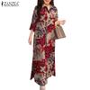 Women Casual Turn Down Collar 3/4 Sleeve Loose Print Dress