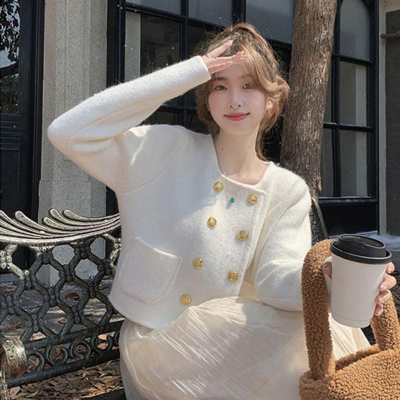 Двубортный вязаный кардиган, женский свитер, осень и зима 2023, французский кардиган с короткими рукавами, пальто, женские топы