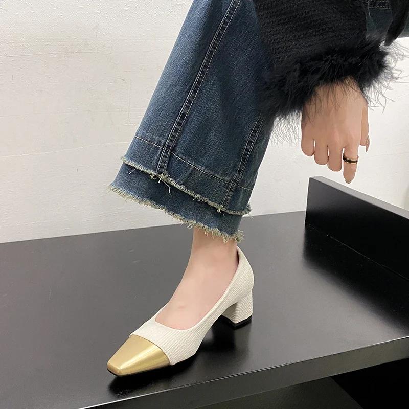 Модные универсальные черные туфли на высоком каблуке в стиле твида - женские весенне-летние модные туфли с металлическим носком и резиновым верхом