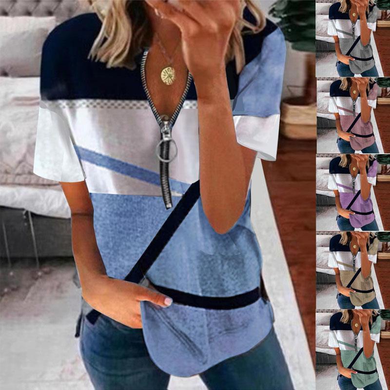 Женская летняя повседневная свободная футболка с коротким рукавом и V-образным вырезом на молнии с принтом