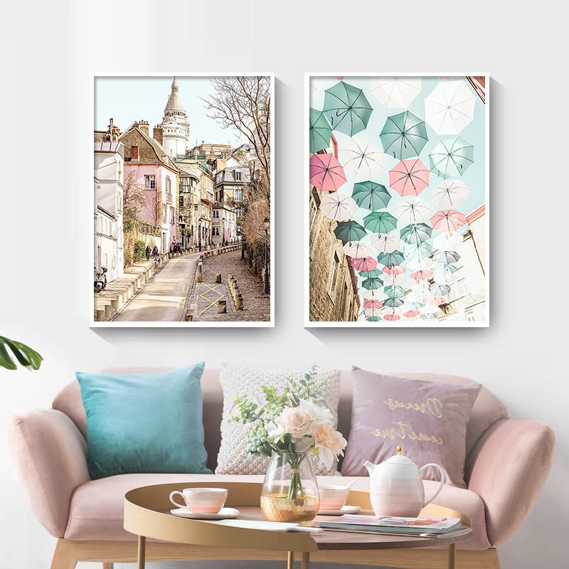 Nordic Posters And Prints Paris Small Town Pink Flower Car Umbrella Wall Art Canvas Painting Wall Pictures For Living Room Decor
