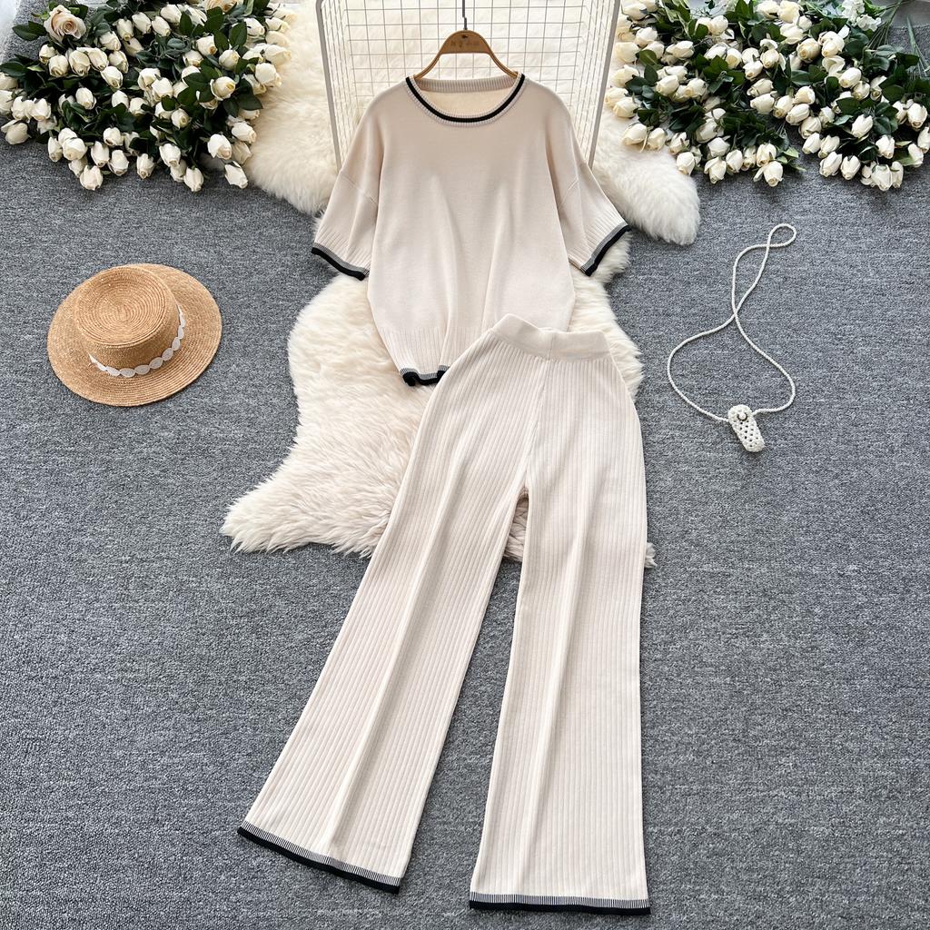 Летний женский трикотажный свитер, брюки, комплект из двух предметов, женский свитер с коротким рукавом, топ и брюки длиной до щиколотки, спортивный костюм