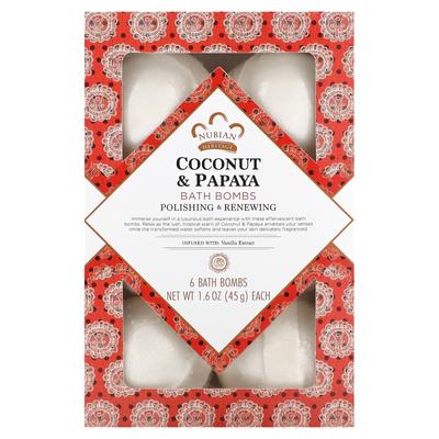 Бомбочки для ванны, кокос и папайя, 6 бомбочек для ванны, 1,6 унции (45 г) каждый
