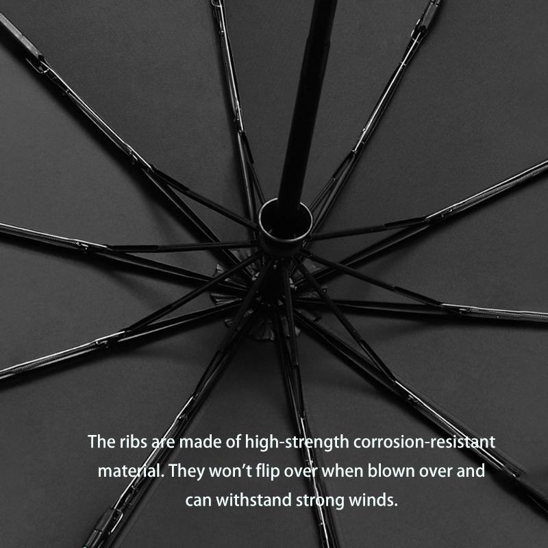 Fully Automatic Reverse-Locking 12-Rib Windproof And Rainproof Black Vinyl Sun Umbrella Suitable For Both Sunny And Rainy Days.
