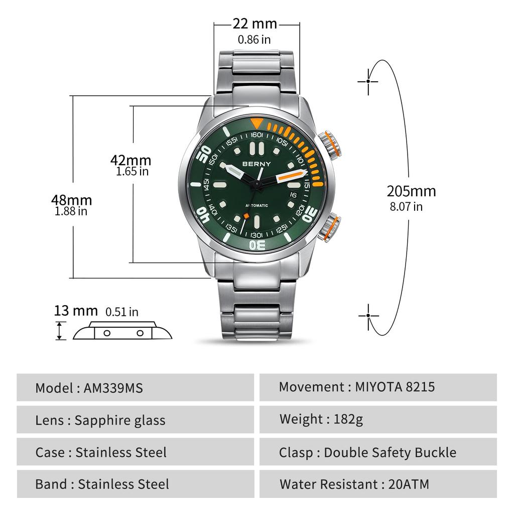 BERNY Watch Mechanical Watch Hand Wind Watch Automatic Watch 200m Diving Watch Наручные часы HV600 Hardness Sapphire Glass Прочный браслет из нержавеющей стали
