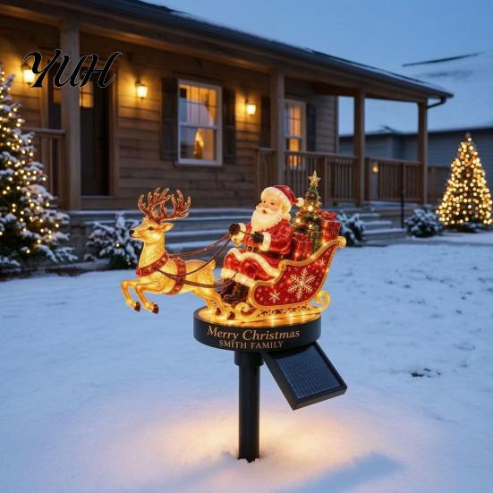 Holiday Landscaping Lighting Santa And Reindeer Sleigh Solar Garden Stake Light, Warm LED Christmas Pathway Decorative Lawn for Lamp, Powered Outdoor