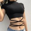Сплошной цвет женский топ сексуальный негабаритный сексуальный открытый пупок с перекрестным ремешком футболка с короткими рукавами облегающий топ