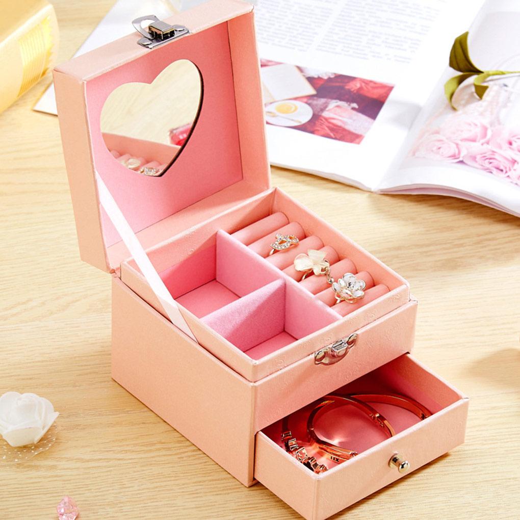 Jewelry Double-layer Grids Box Case Display Heart-shape Mirror Drawer Container Storing Fashionable Collection Gift