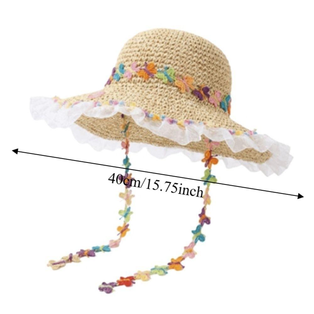 Breathable Sun Protection Straw Hat Nylon Lightweight Lace Trim Large Brim Hat Floral Tie Hollow Out Sunshade Hat Vacation