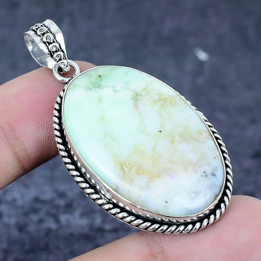 Хризопраз Драгоценный камень 925 Стерлинговое серебро Ювелирная подвеска 2.09"