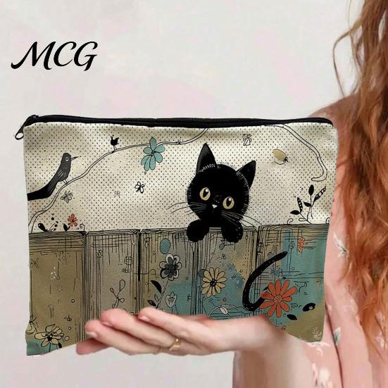 Leak-proof Storage Pouch Cat Printed Bag, with Smooth Zipper, Thickened Polyester Black Zipper Bag Makeup Multipurpose Pencil Case Travel Toiletry