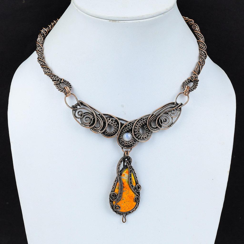 Bumble Bee Jasper Necklace Copper Wire Wrapped Necklace Rainbow Moonstone Necklace Handmade Gemstone Necklace Copper Jewelry Engagement Gift