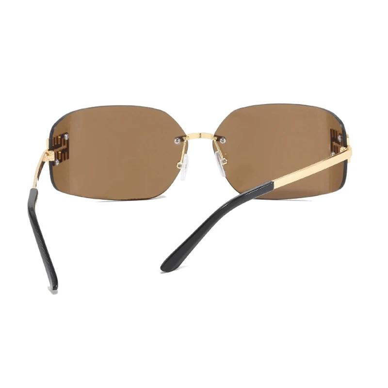 Модные металлические роскошные безободковые солнцезащитные очки женские дизайнерские с заклепками прямоугольные градиентные изогнутые линзы классические солнцезащитные очки женские