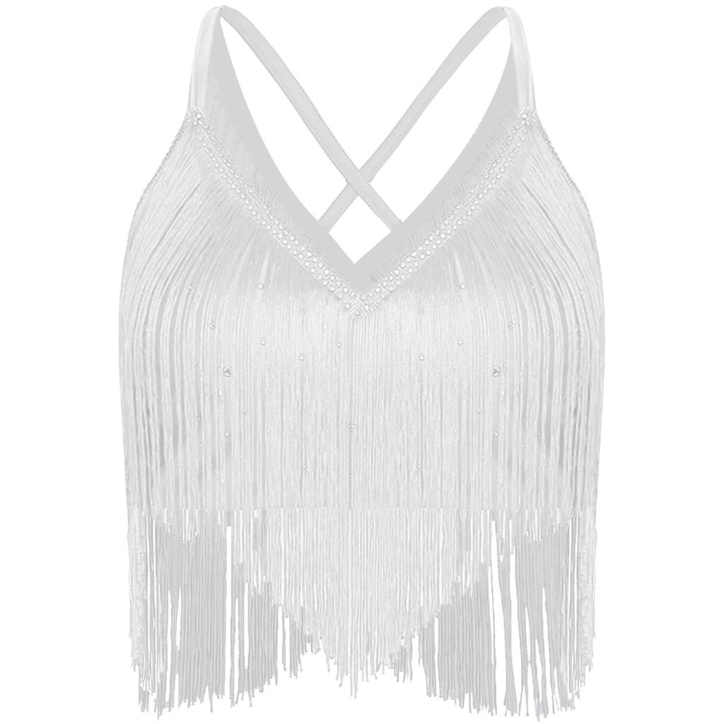 Womens Salsa Dance Top Latin Performance Wear V Neck Sleeveless Crop Top Crisscross Back Fringe Detail