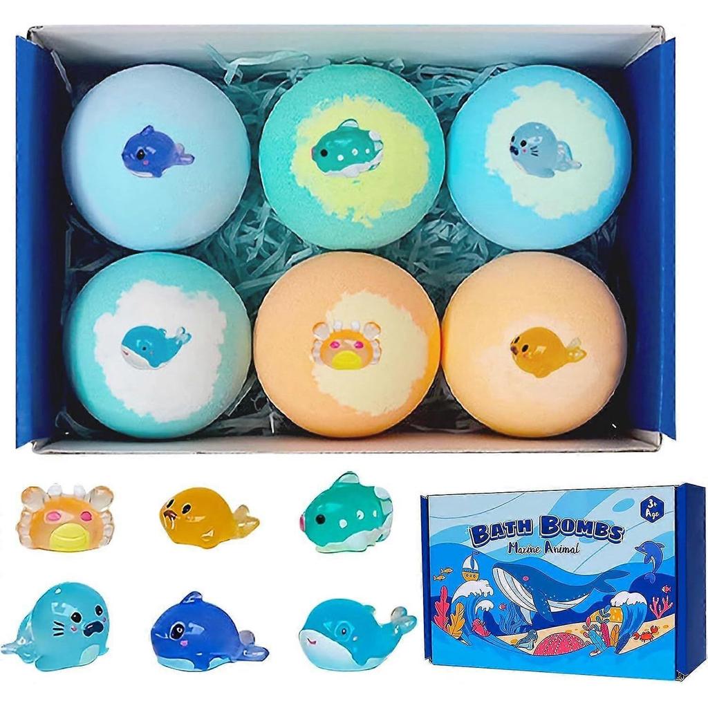 Glow-in-the-Dark Bath Bombs Gift Set, 6pcs Marine Animal Fizzy Bath Bombs With Light-Up Toys