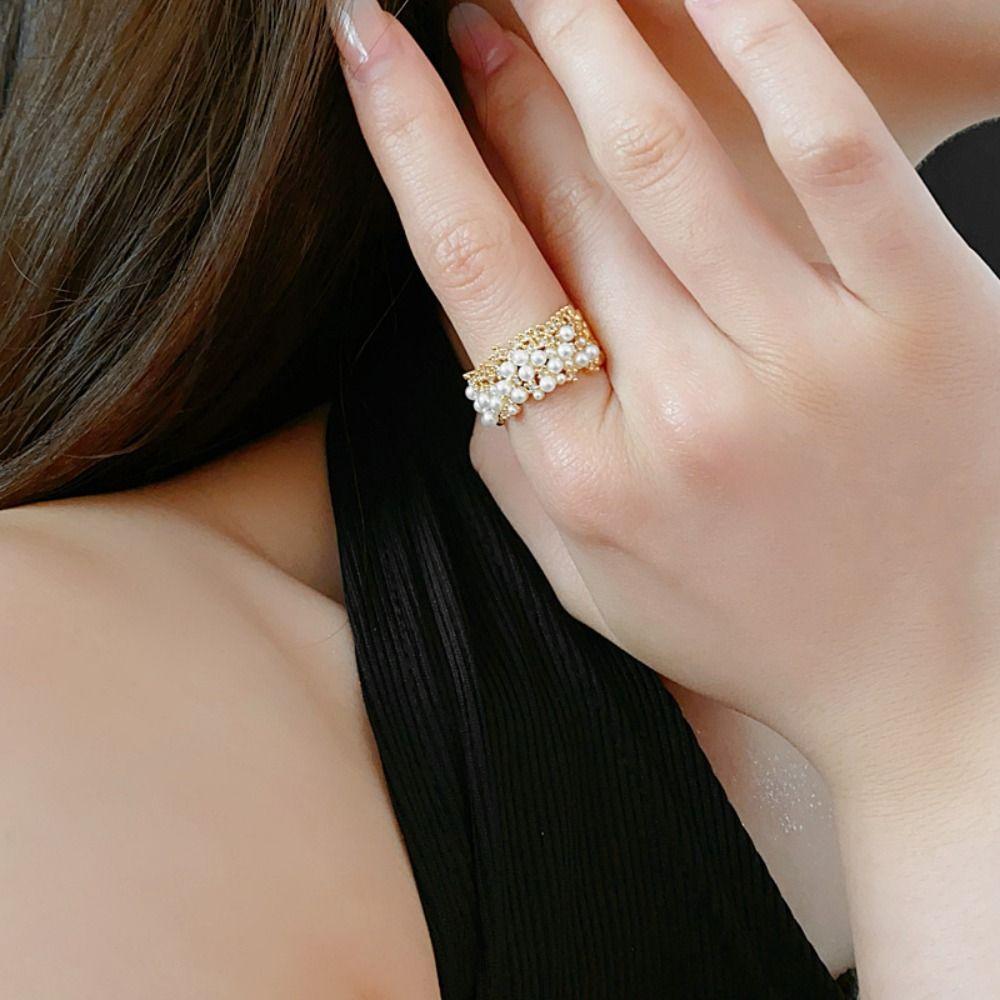 Exquisite Pearl Open Ring Geometry Metal Rings Temperament Vintage Rings Party