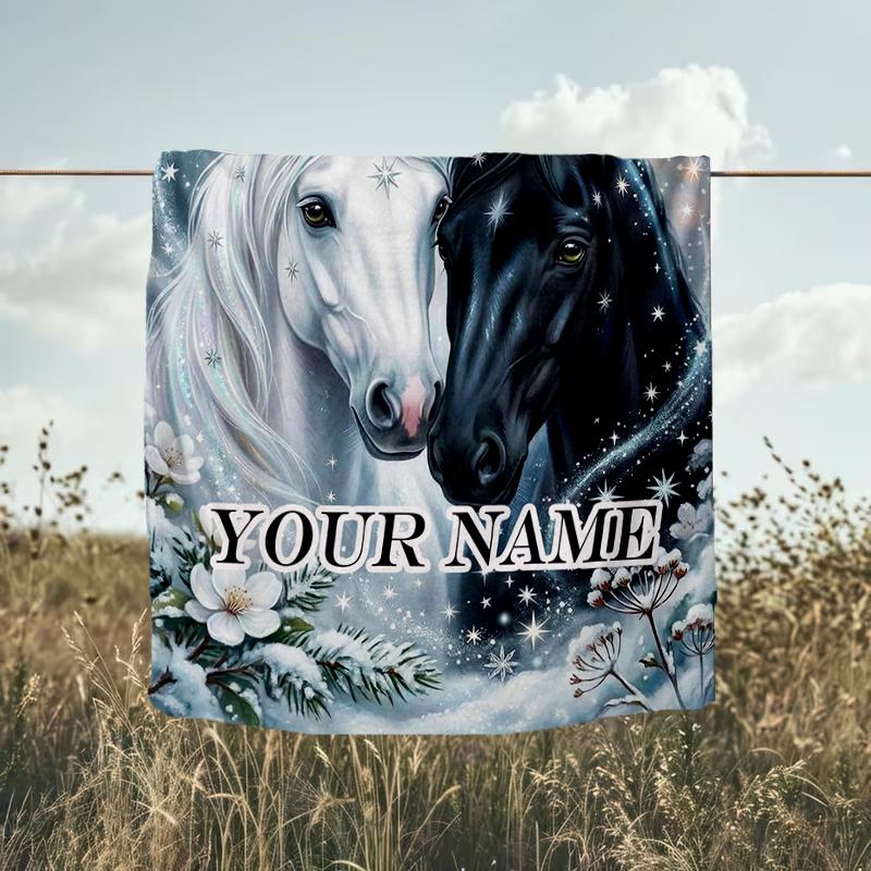 1PC Custom Name Horses Winter Wonderland flannel blanket versatile,all-season throw suitable for the living room,bedroom,camping,travel,and gift
