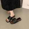 Fashion Pleated One-word Drag Slope Heel Set Toe Slippers Women's Summer Wear New Metal Buckle Beautiful Cool Slippers