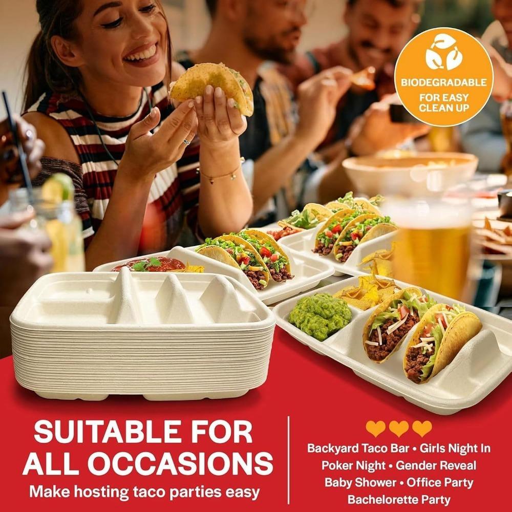 50pcs Sturdy Taco Plates with Dividers 4 Compartment Taco Trays New Disposable Taco Plates Taco Bar