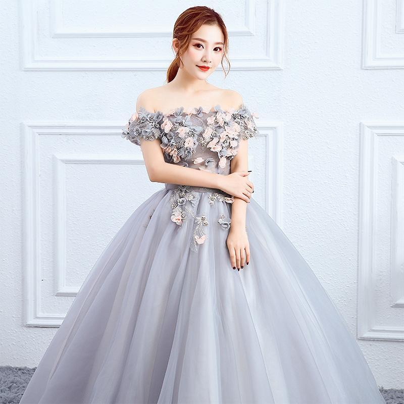 Wedding Party Dress Elegant Women Applique Lace Mesh Solid Color Big Swing Long Gown