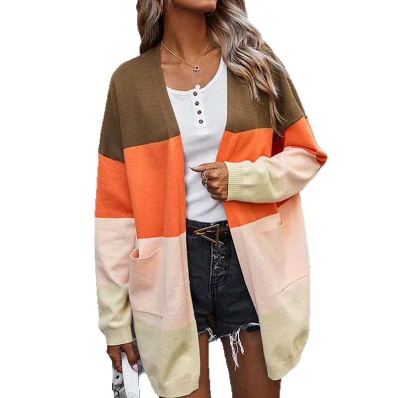 Women S Long V Neck Knit Cardigan Rainbow Striped Pocket Sweater