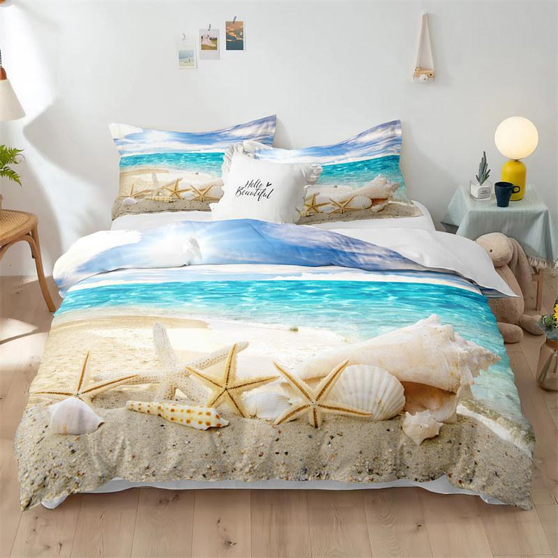 Beach Theme Duvet Cover Set Blue Ocean Bedding Set King Queen For Kids Girls Microfiber Seashell Starfish Print Comforter Cover