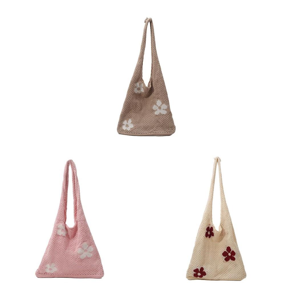 Flower Hollowed Knitting Tote Bag Large Capacity Casual Womens Shoulder Bag For Daily Use