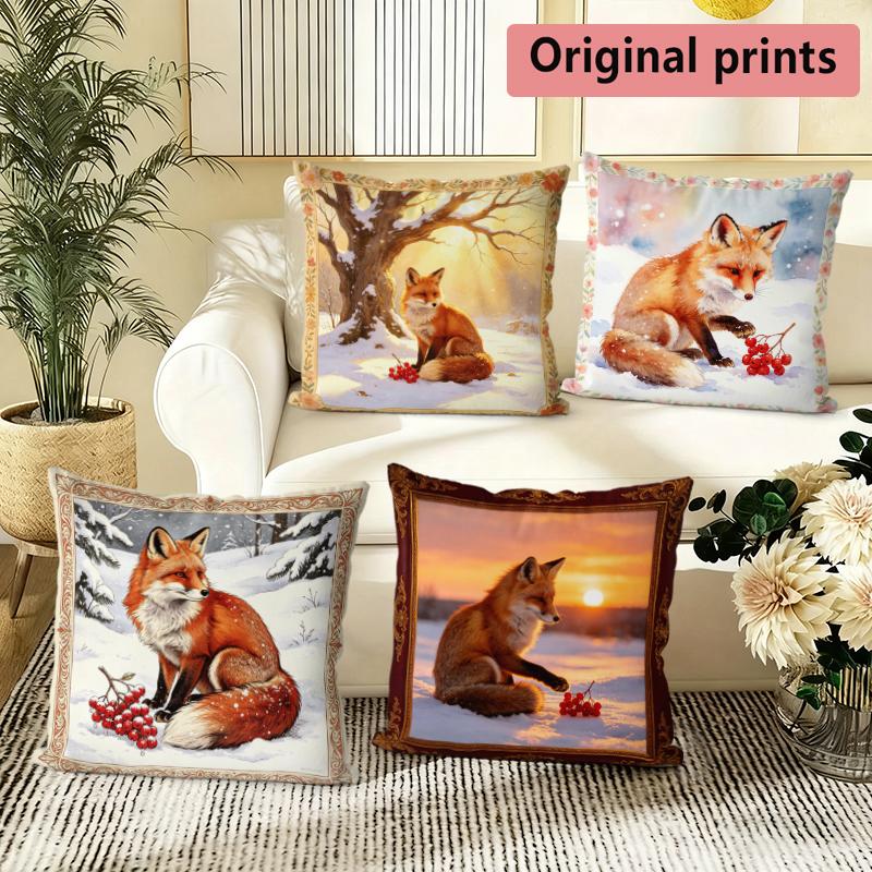 Winter Fox Square Throw Pillow Covers Pattern Cushion Cover Suitable For Sofa Bedroom Car Pillow Cover
